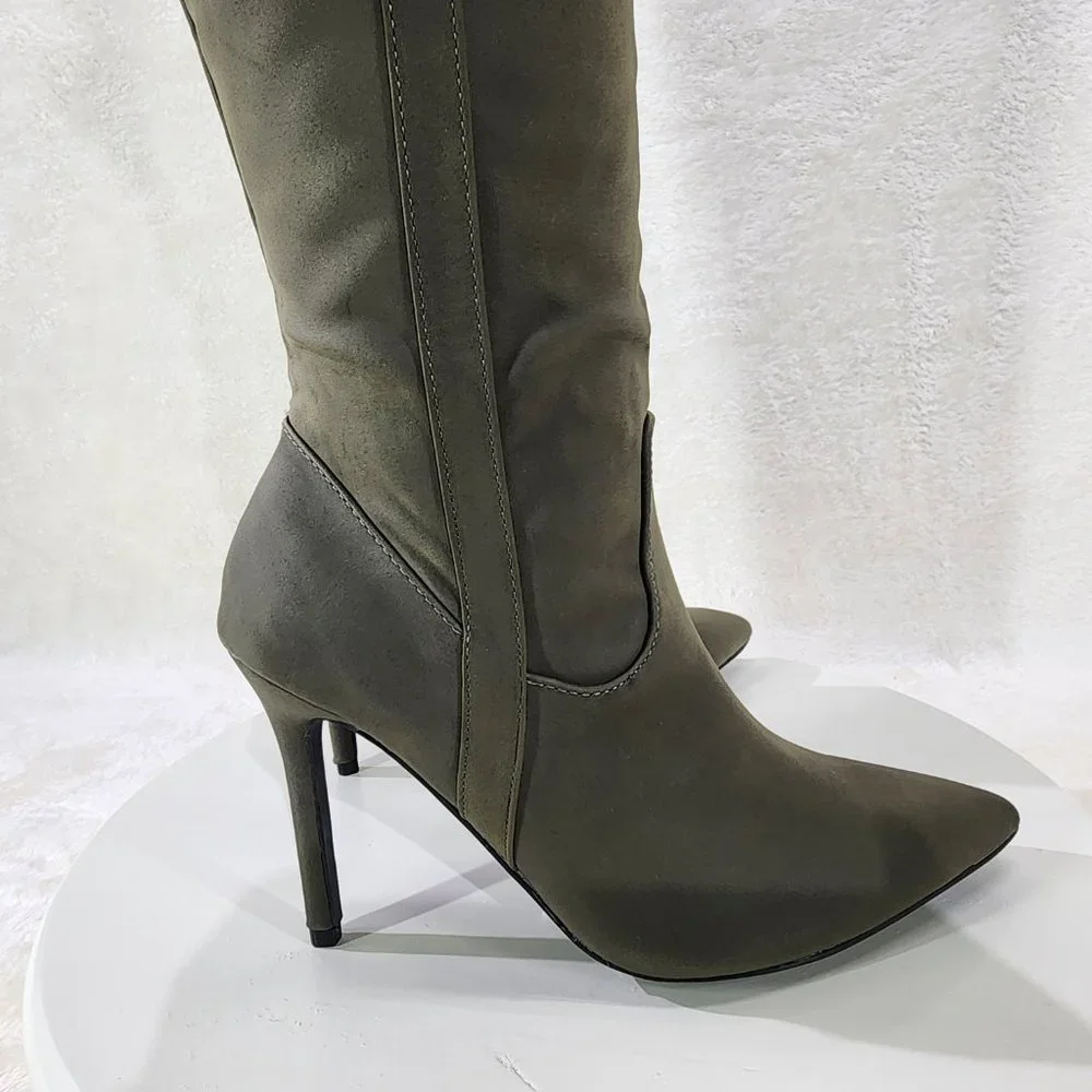 Olive Green Fluffy Fleece Lined  Fold Under / Over the Knee Pointy Toe Boots - Picture 11 of 13